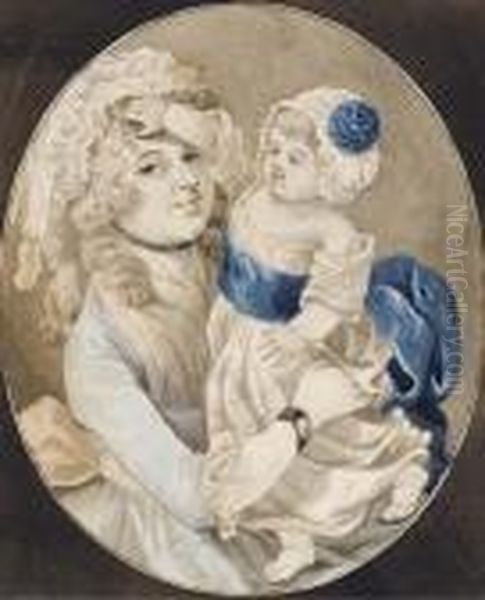 Une Femme En Buste Tenant Un 
Bebe; Et Une Vieille Femme, En Buste, Avec Une Petite Fille Sur Ses 
Genoux Tenant Une Pomme Oil Painting by Robert Dighton