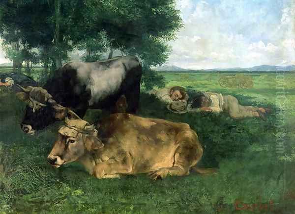 La Siesta Pendant la saison des foins (and detail of animals sleeping under a tree), 1867 Oil Painting by Gustave Courbet