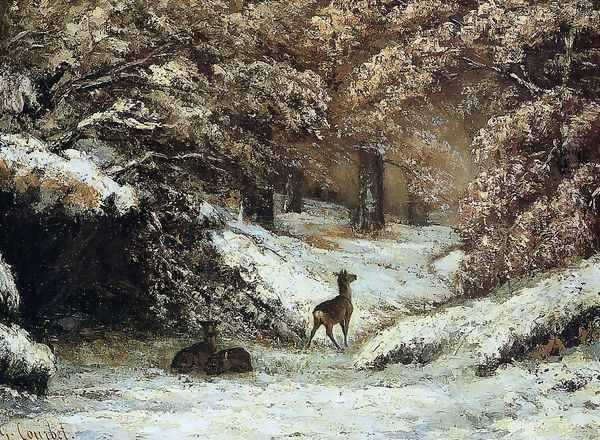 Deer Taking Shelter in Winter Oil Painting by Gustave Courbet