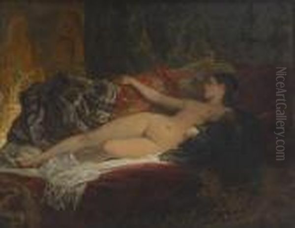 Jeune Orientale Assoupie Sur Fond De Harem Oil Painting by Adolph Alexander Dillens