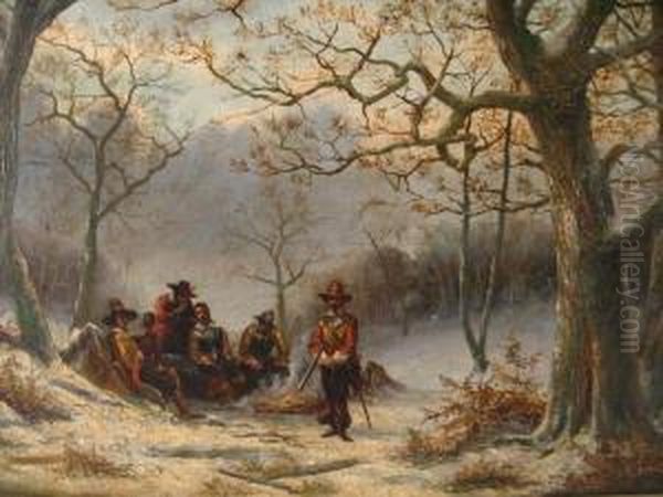 Hunters By Campfire In Forest Oil Painting by Adolph Alexander Dillens