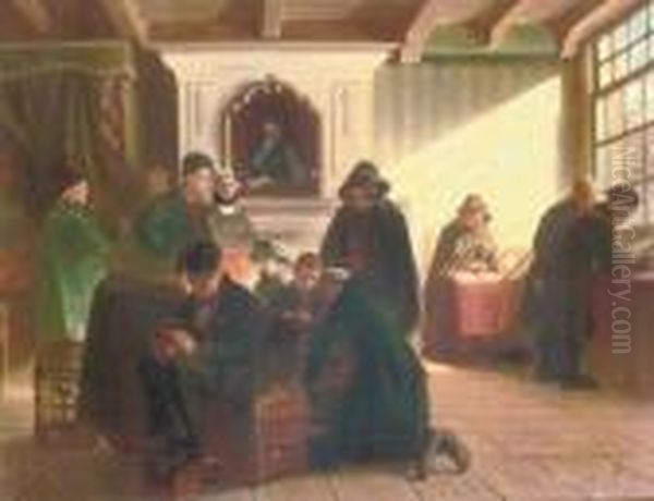 A Gathering In A Dutch Interior Oil Painting by Adolph Alexander Dillens