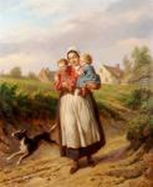 Mother And Children On Path Oil Painting by Henri Jozef Dillens