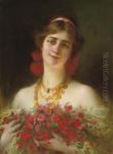 Portrait Of A Young Maiden With Red Wild Flowers Oil Painting by Serkis Diranian