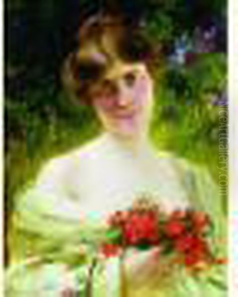 Jeune Femme Au Bouquet Rouge Oil Painting by Serkis Diranian