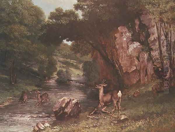 Deer by a River (Chevreuils a la Riviere) Oil Painting by Gustave Courbet