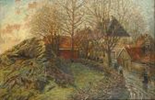 Ferme Et Personnages Dans Un Paysage Oil Painting by Carl-Edvard Diriks