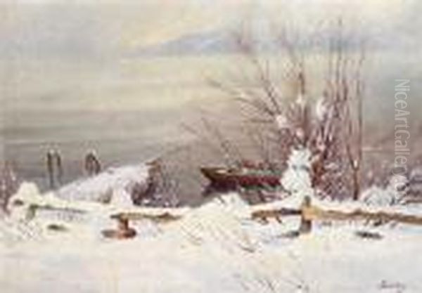 Vinter Ved Fjorden Olje Pa Lerret. 80x109. Signert Nede Til Hoyre: Diriks Oil Painting by Carl-Edvard Diriks