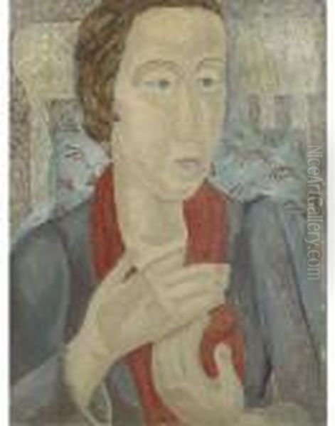 Portrait Of A Lady With A Red Scarf Oil Painting by Jessica Dismorr