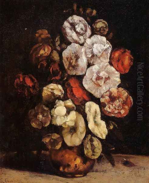 Hollyhocks In A Copper Bowl Oil Painting by Gustave Courbet