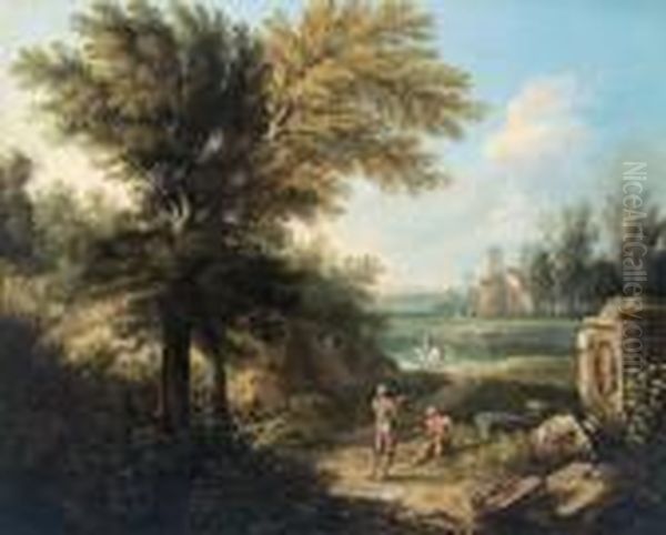 Paesaggio Fluviale Veneto Con Un Monumento E Figure Oil Painting by Antonio Diziani