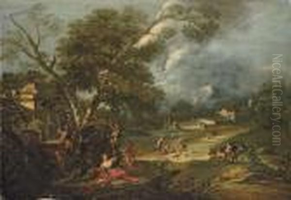 An Italianate River Landscape 
With Juno Resting Under A Tree With Putti, A Fountain Nearby Oil Painting by Antonio Diziani