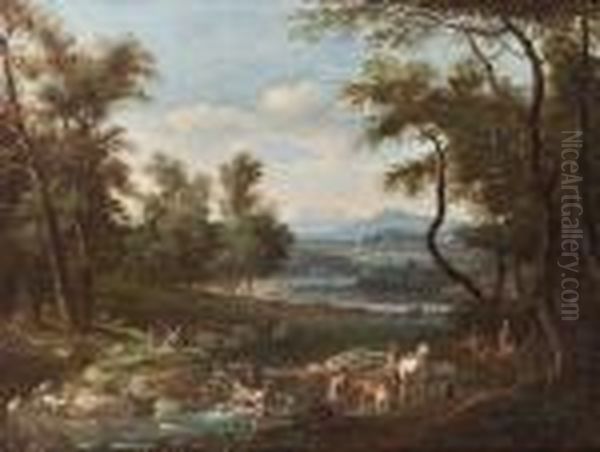 An Italianate Landscape With 
Travellers On A Riverside Path And A Shepherd With His Flock On The Far 
Bank Oil Painting by Antonio Diziani