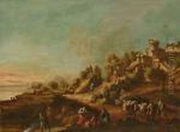 A Rocky River Landscape With Travellers On A Path, A Village Beyond Oil Painting by Antonio Diziani