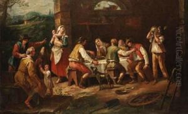 Peasants Eating In A Farmyard Oil Painting by Antonio Diziani