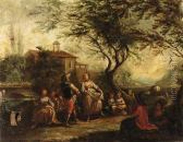 Travellers Conversing By A 
River, A Town Beyond; And A Coupledancing With Other Figures Gathered 
Around Oil Painting by Antonio Diziani