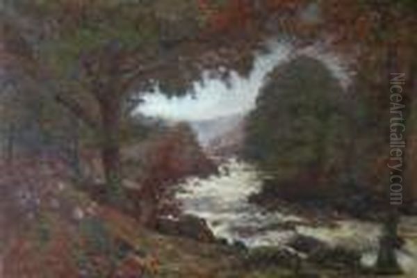 Sheep By River In Spate Oil Painting by Alexander Brownlie Docharty