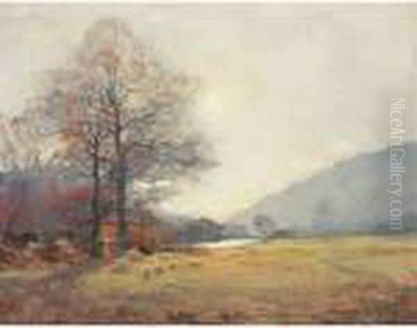 Sheep Grazing In An Autumnal Landscape Oil Painting by Alexander Brownlie Docharty