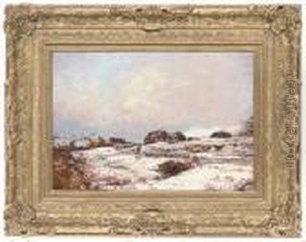 A Shepherd Driving His Flock Along A Snowy Path Oil Painting by Alexander Brownlie Docharty