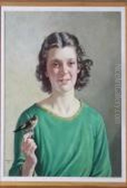 Girl With A Goldfinch Oil Painting by Francis H. Dodd