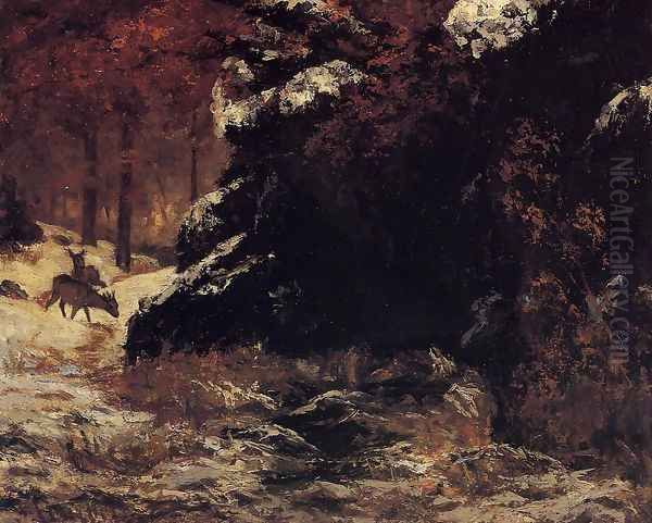 Deer in the Snow Oil Painting by Gustave Courbet