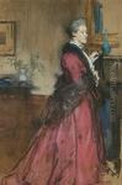 'miss Dacie' - Portrait Of A Lady Standing By A Fireplace Oil Painting by Francis H. Dodd