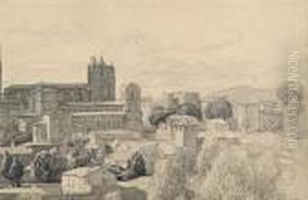 Continental Medieval Walled Town With Cathedral Oil Painting by Francis H. Dodd