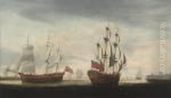 A Three-masted Merchantman In Two Positions Off Tynemouth Oil Painting by Robert Dodd