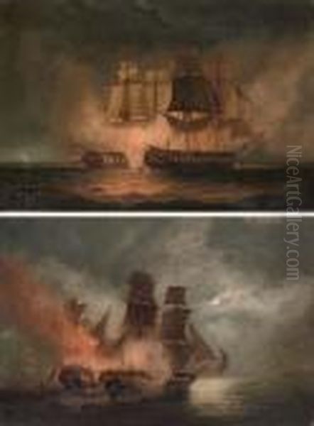 Two Classic Napoleonic Frigate Actions Oil Painting by Robert Dodd