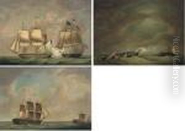 The Close Action Between H.m.s. 
Eurotas And The French Frigateclorinde, 25th-26th February 1814 - A Set 
Of Three Comprising: Theopening Salvo From Eurotas Into Clorinde's 
Stern; The Two Frigatessubsequently Dismasted; And The Remasted Eurotas 
In F Oil Painting by Robert Dodd