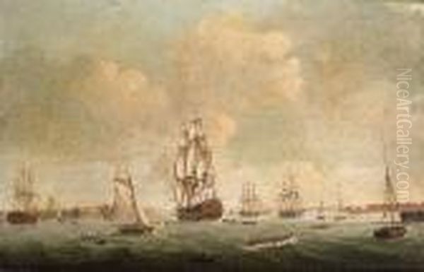 A 74-gun Third Rate Heading Out 
Of Portsmouth Harbour With Other Ships Of The Fleet Close-by Oil Painting by Robert Dodd