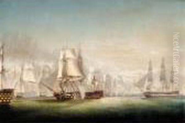 The Battle Of Trafalgar, With H.m.s. Victory Raking The Bucentaure Oil Painting by Robert Dodd