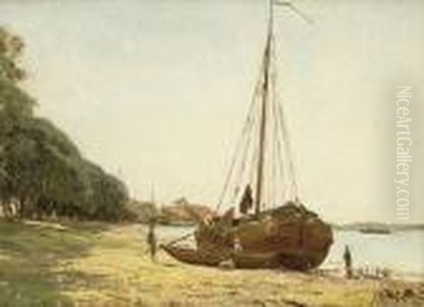 Sommerliche Kustenlandschaft Mit An Land Liegendem Segelboot Und Figurenstaffage. Oil Painting by Johan Hendrik Doeleman