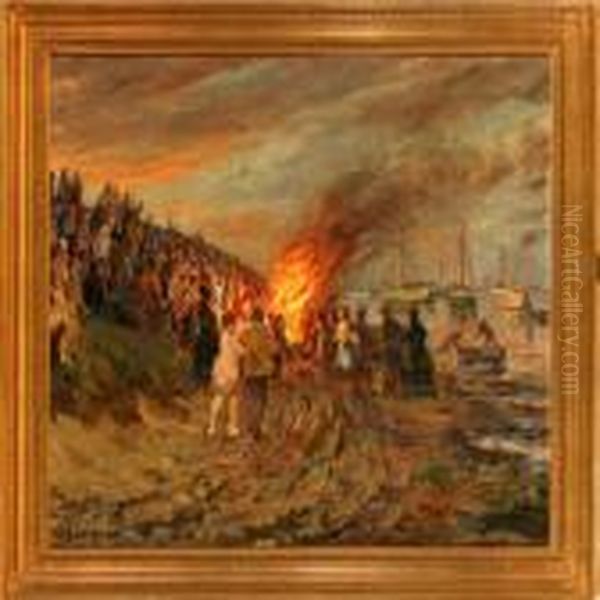 Men And Women Around Abonfire Oil Painting by Heinrich Dohm