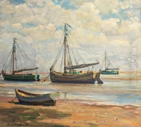 Boats On Shore At Sonderho, Low Tide. Signed Dohm 28 Oil Painting by Heinrich Dohm