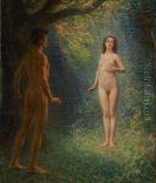 Adam And Eve Oil Painting by Heinrich Dohm