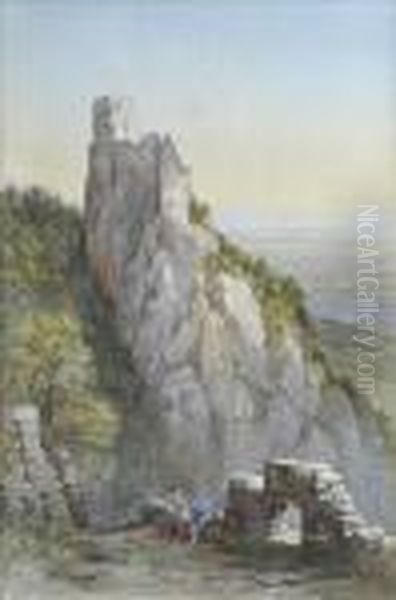 Figures At Thefoot Of A Castle Topped Crag, An Extensive Landscape Beyond Oil Painting by Edwin Thomas Dolby