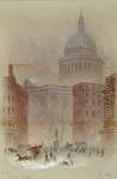 A Winter View Of St. Paul's Cathedral Oil Painting by Edwin Thomas Dolby