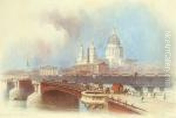 Blackfriar's Bridge; Lambeth Palace; Temple Bar; London Bridge Oil Painting by Edwin Thomas Dolby