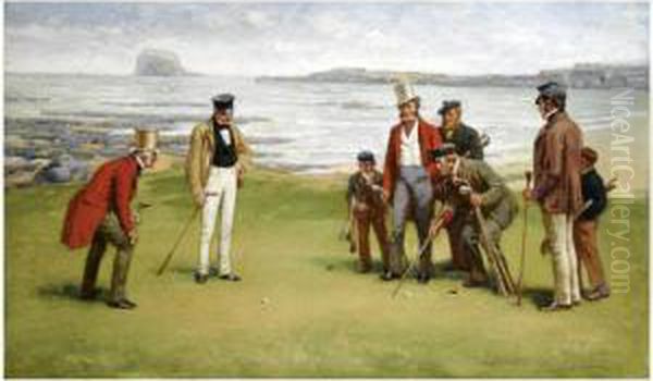 Lord Rosebery, Admiral Fleming, 
The Duke Of Buccleuch And Lordcharles Hope With Their Respective Caddies
 At North Berwick Oil Painting by John Charles Dollman