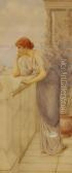 Watercolour,study Of A Classical
 Woman Looking Out To Sea From A Marbleterrace, Signed, 18