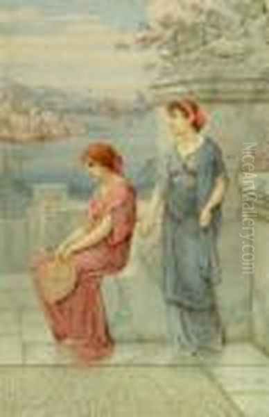 Two Classical Maidens On A Terrace Overlooking The Sea Oil Painting by William Anstey Dollond