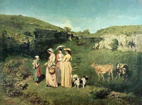 Young Women of the Village Giving Alms to a cowherd, 1852 Oil Painting by Gustave Courbet