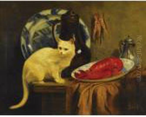 Still Life With Cat And Lobster Oil Painting by John Henry Dolph