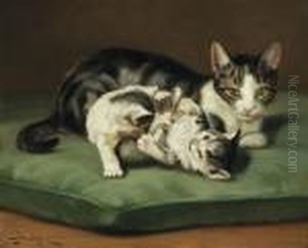 A Mother And Her Two Kittens Oil Painting by John Henry Dolph