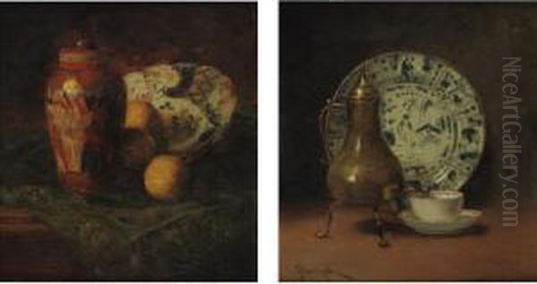 Still Life With Coffe Urn And 
Still Life Wtih Asian Ceramics And Oranges: A Pair Of Paintings Oil Painting by John Henry Dolph