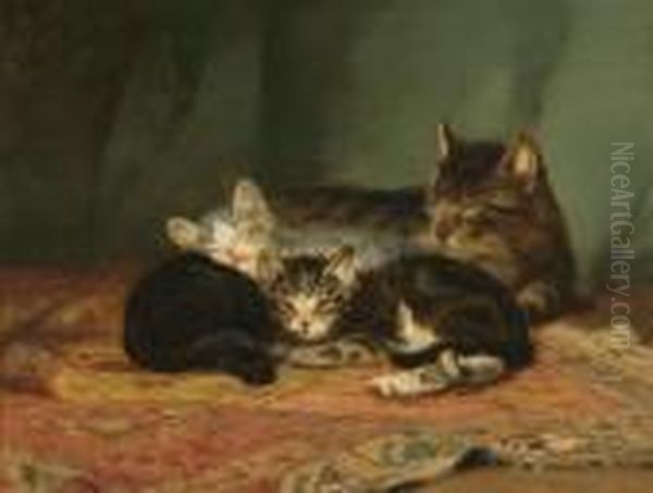 Mother And Three Kittens At Rest Oil Painting by John Henry Dolph