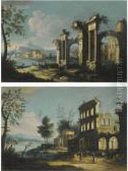 A Pair Of Capriccio River Landscapes With Figures Beneathancient Ruins Oil Painting by Apollonio Domenichini