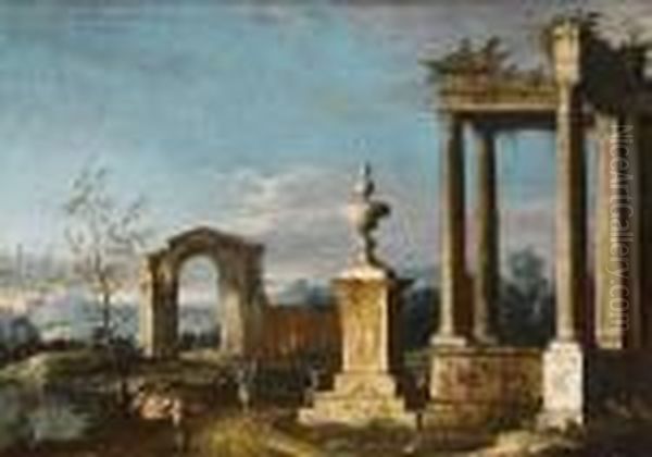 An Italianate Landscape With A Traveller On Horseback Before The Ruins Of A Temple Oil Painting by Apollonio Domenichini