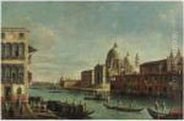 Venezia, Il Ponte Di Rialto Con Il Palazzo Dei Camerlenghi;
 Veduta Del Canal Grande Con La Basilica Della Salute Oil Painting by Apollonio Domenichini